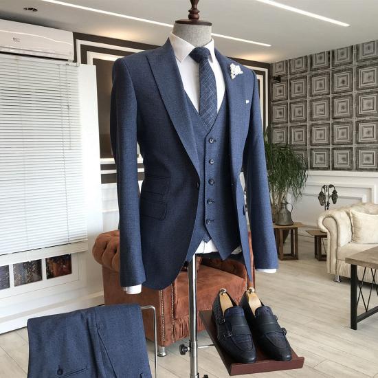 Classical Navy Blue Peaked Lapel One Button Slim Fit Business Men Suits_2