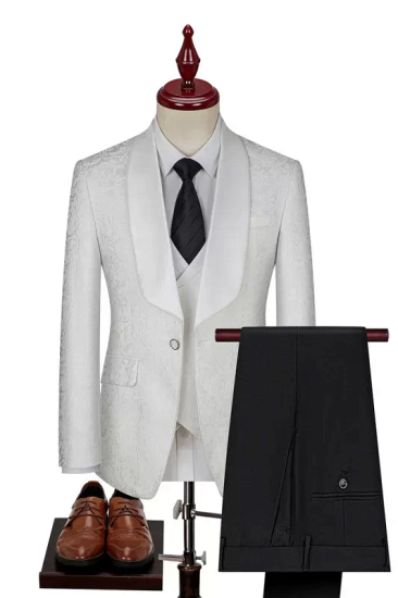 Newest White Jacquard Shawl Lapel Three Pieces Prom Suits | Happnessmall_1