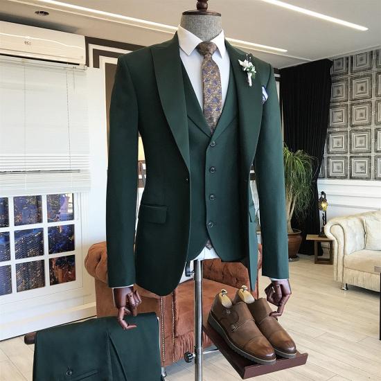 Trendy Dark Green Bespoke Peaked Lapel Three Pieces Men Suits | Happnessmall_2