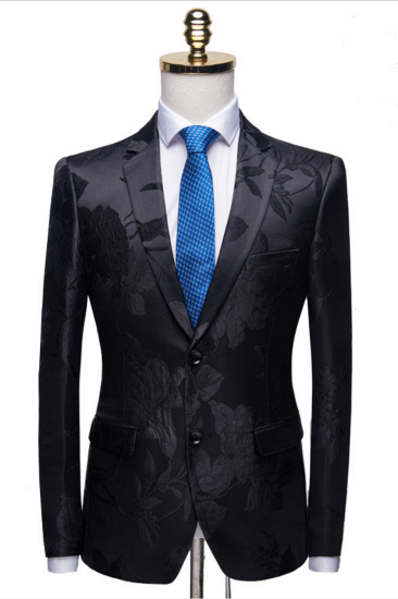 Elegant Shape Notched Lapel Two Buttons Men's Suits | Floral Jacquard Black Wedding Tuxedos