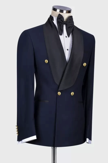 Mercer Stylish Dark Navy Double Breasted Wedding Suits With Shawl Lapel_2