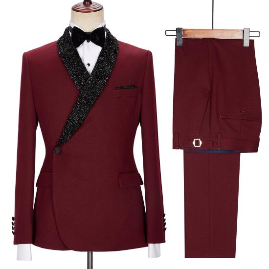 Chic Burgundy Sparkle Shawl Lapel Two Pieces Men Suits_2