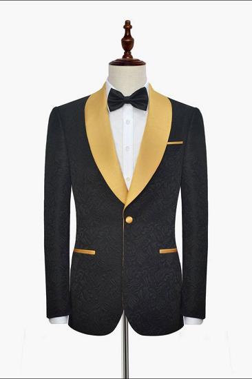 Magnus Gold Shawl Lapel One Button Wedding Tuxedo | Black Jacquard Thaddeus Prom Suits_2