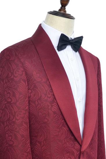 Burgundy Jacquard One Button Silk Shawl Lapel Mens Suits for Wedding or Prom_3
