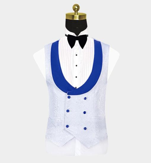 White Jacquard Tuxedo with Blue Huge Shawl Lapel Three Pieces Prom Suits Sale_4