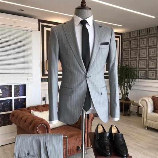 Zane Formal Gray Striped Notched Lapel Slim Fit One Button Business Men Suits_2