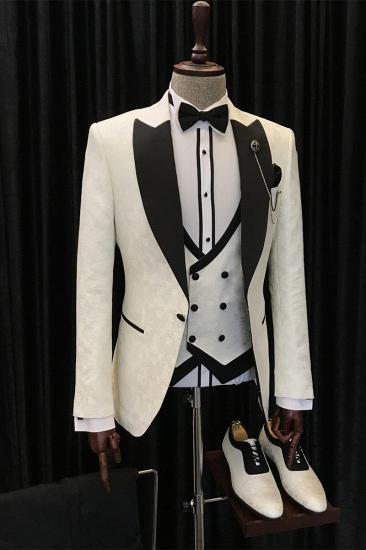 Latest Design White Jacquard Three Pieces Wedding Suits With Black Peaked Lapel | happnessmall