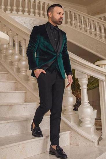 Ioannis Fashion Dark Green Velvet Three Pieces Shawl Lapel Wedding Groom Suits_1