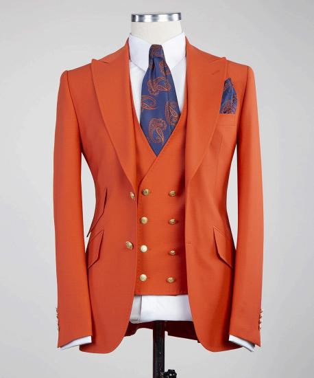Penelope New Orange Peaked Lapel Slim fit Three Pieces Men Suits_5