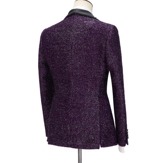 Fashionable Bespoke Dark Purple Sparkle Shawl Lapel 3-Pieces Men Suits | Happnessmall_4