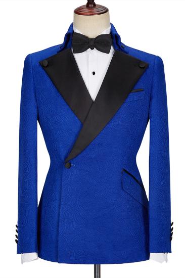 Fashionable New Blue Jacquard Black Lapel One Button Men's Wedding Suit
