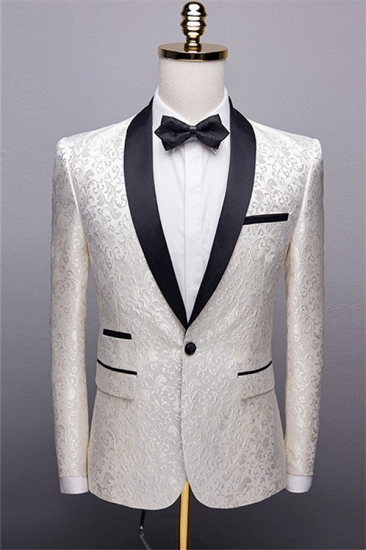 White single button jacquard groom set | Black shawl lapel men's suit (jacket pants)