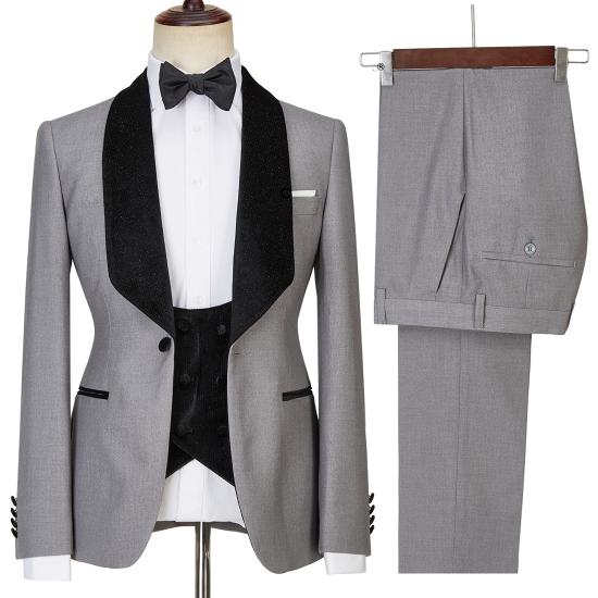 Light Gray  Shiny Shawl Lapel One Button Three Pieces Wedding Men Suits | Happnessmall_2