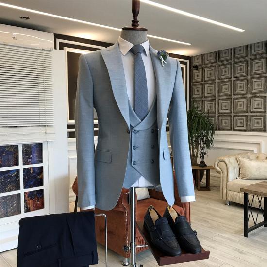 Phoenix Handsome Blue 3-Pieces Peaked Lapel One Button Slim Fit Prom Men Suits_2