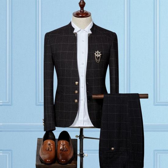 Aria Stylish Black Slim Sit Two Pieces Plaid Men Suits Online_2