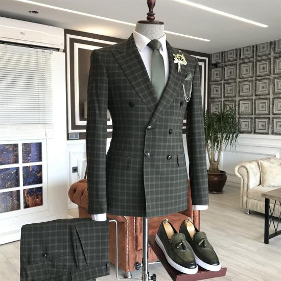 Dimitris Chic Green Plaid Double Breasted Slim fit Business Suits For Men_2