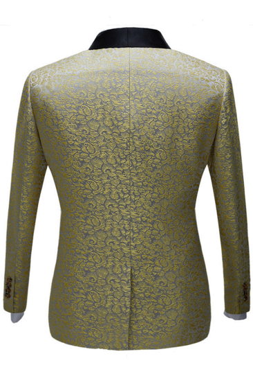 Gold Jacquard Men's Wedding Tuxedos | Special Design Black Satin Shawl Lapel Prom Suits_2