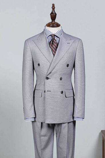 Stylish Light Gray Peaked Lapel Double Breasted Bespoke Business Suit_1