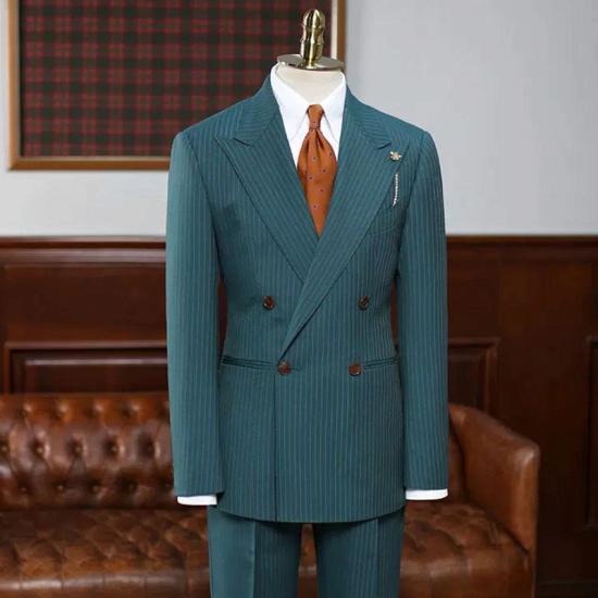 Ryan Simple Ocean Blue Striped Peaked Lapel Double Breasted Prom Suits_2