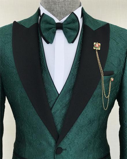 Titos Stylish Dark Green Jacquad Peaked Lapel Three Pieces Men Suit_2