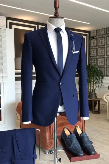 Modern Navy Blue Peaked Lapel 3 Flaps Business Men Suits | Happnessmall_1