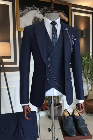 Noah Dark Navy Close Fitting Peaked Lapel Three Pieces Men Suits_1