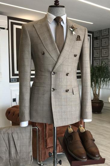 Marina Newest Brown Plaid Double Breasted Peaked Lapel Slim fit Business Suits For Men