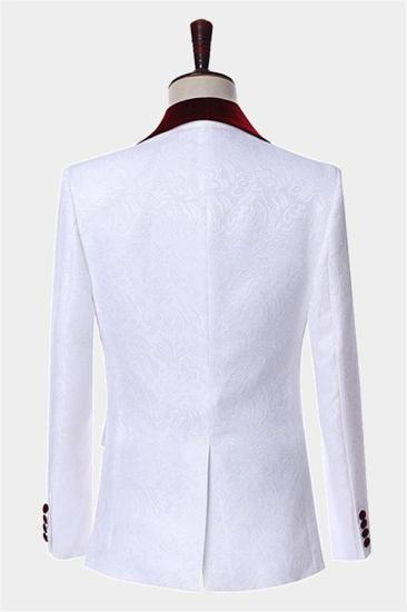 Popular White Jacquard Men Suits with Burgundy Lapel | Floral Tuxedo_2