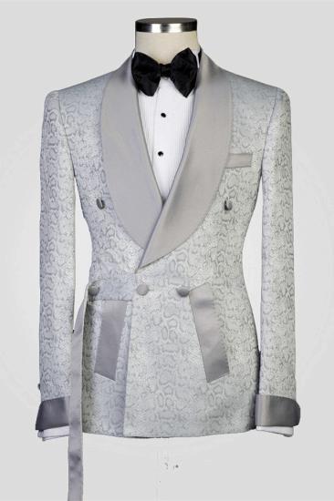 Elegant Shape Silver Shawl Lapel Double Breasted Jacquard Wedding Suits With Belt