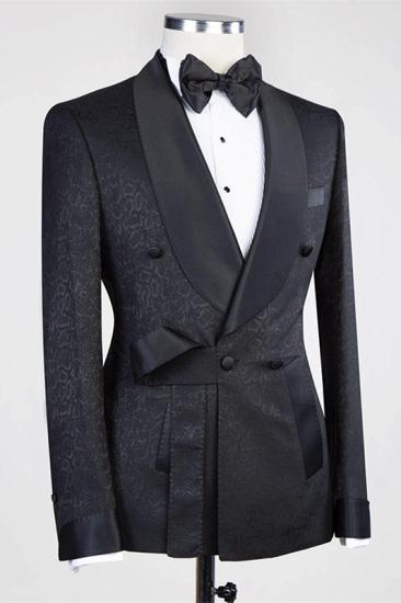 Fashion Black Double Breasted Shawl Lapel Jacuqard Wedding Suit With Belt_2