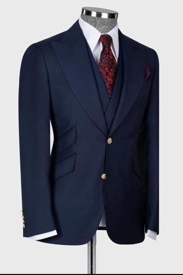 Morden Navy 3 Piece Peaked Lapel Slim Fit Men Suits With Classic Vest_3