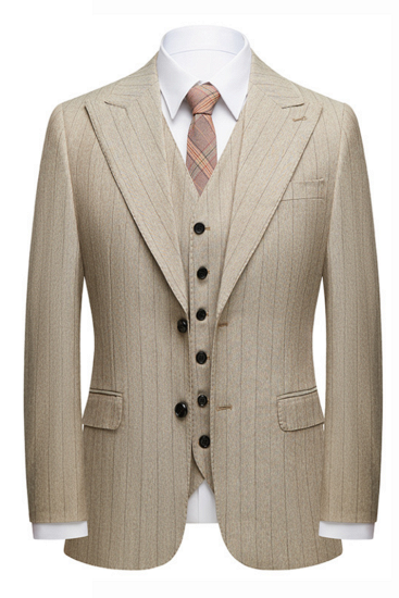 Gentle khaki striped lapel single breasted men's formal business suit_1