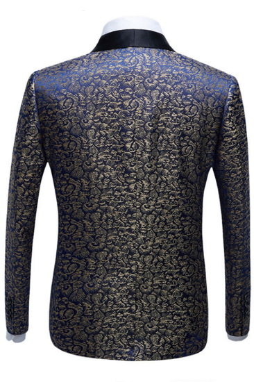 Popular Black Satin Shawl Lapel Wedding Tuxedos | Gold Jacquard Blue Mens Prom Suits_2