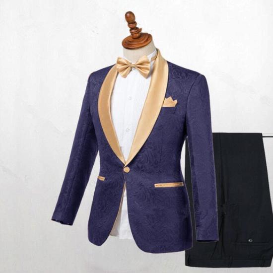 Matthew Dark Blue Jacquard One Button Wedding Suits With Shawl Lapel_2