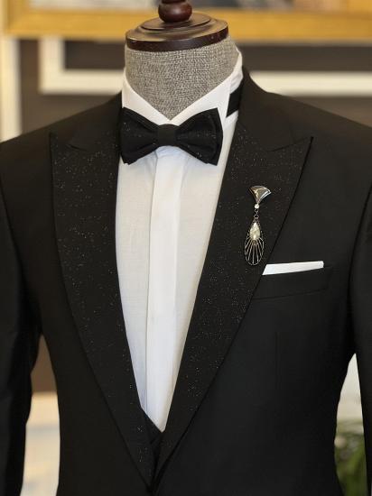Black Sparkle Peaked Lapel Three Pieces Wedding Men Suits | Happnessmall_3