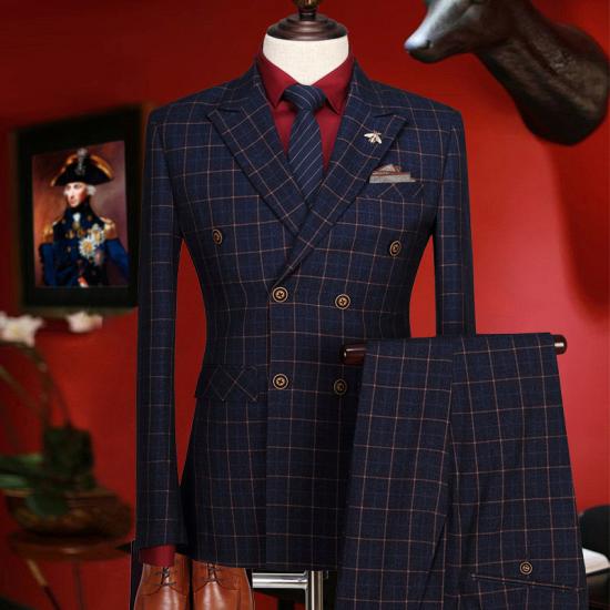 Chic Dark Blue Plaid Peaked Lapel Double Breasted Prom Suits_2