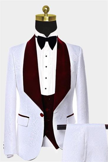 Popular White Jacquard Men Suits with Burgundy Lapel | Floral Tuxedo