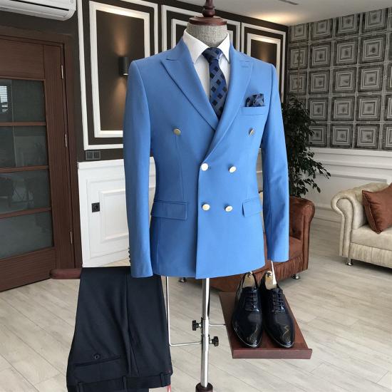 Newest Solid Blue Peaked Lapel Double Breasted Business Men Suits | Happnessmall_2