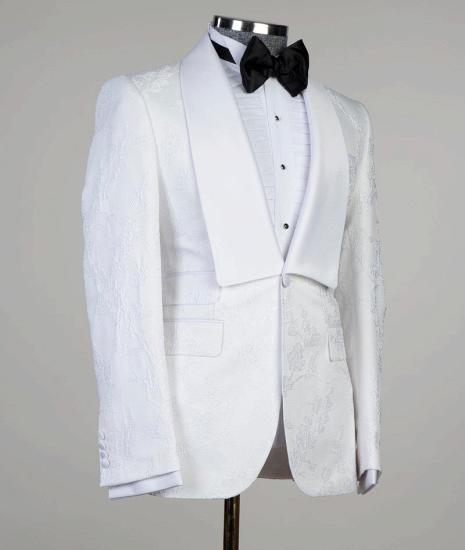 Fashionable White Jacquard Shawl Lapel Three Pieces Men Suits For Wedding | Happnessmall_2