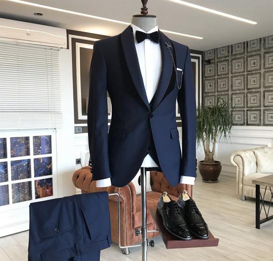 Daniel Modern Navy Blue One Button Shawl Lapel Wedding Groom Suits_2