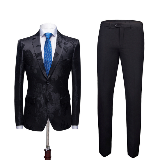 Elegant Shape Notched Lapel Two Buttons Men's Suits | Floral Jacquard Black Wedding Tuxedos_3