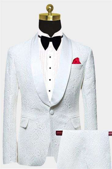 Popular White Jacquard Wedding Men Suits | Elegant Two Piece Shawl Lapel Groom Suits