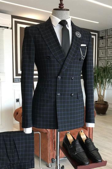 Dimitris Chic Black Plaid Peaked Lapel Double Breasted Bespoke Business Men Suits_1