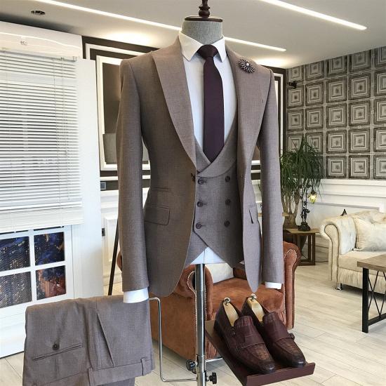 Sophia New Arrival Brown Peaked Lapel Bespoke 3-pieces Business Suits For Men_2