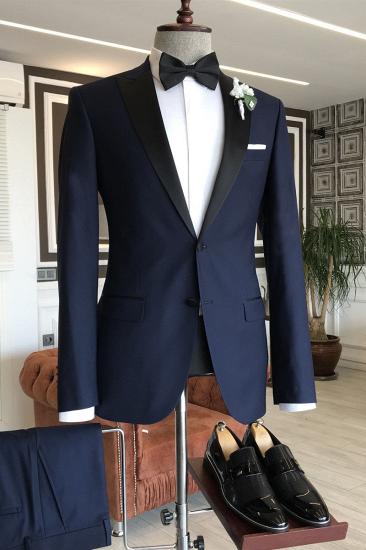 Gabriel Modern Dark Blue Single Breasted Peaked Lapel Slim Fit Men Suits_1