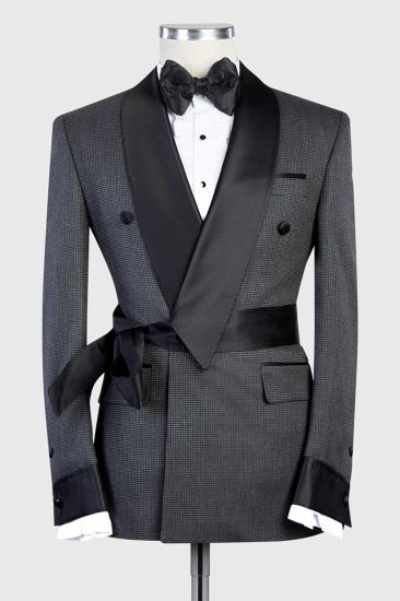 Chic Grey  Black Silk Shawl Lapel Two Pieces Bespoke Men Weddiing Suits | Prom with Belt