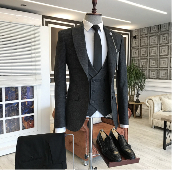 Theodora Classic Black Double Breasted One Button Waistcoat Business Men Suits_2