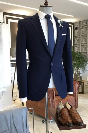 Gentle Dark Blue Notched Lapel One Button Two Flaps Business Men Suits_1
