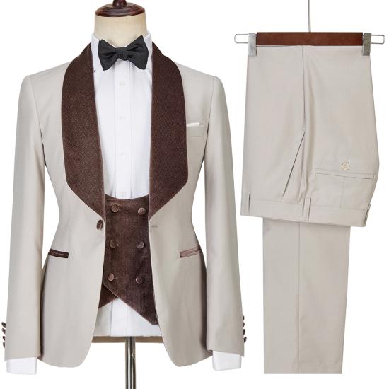 Fashionable Light Champagne Slim Fit Shawl Lapel Shiny  Three Pieces Men Suits | Happnessmall_2