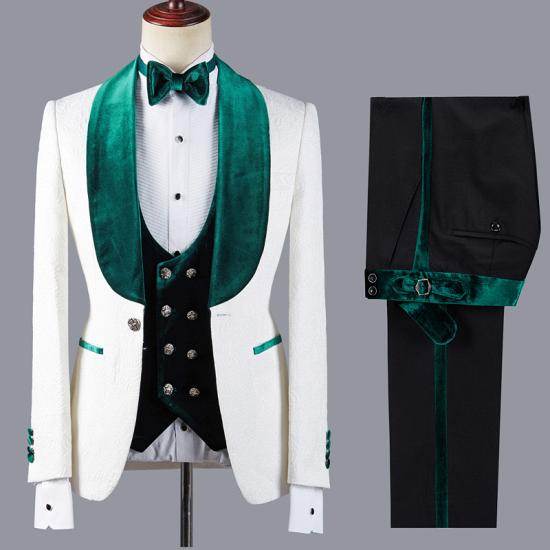 Prokopiou White Chic Jacquard Three Pieces Wedding Suit With Green Lapel_3